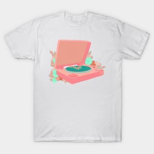 Vintage retro kawaii record vinyl player turntable sticker pink and green with flowers T-Shirt